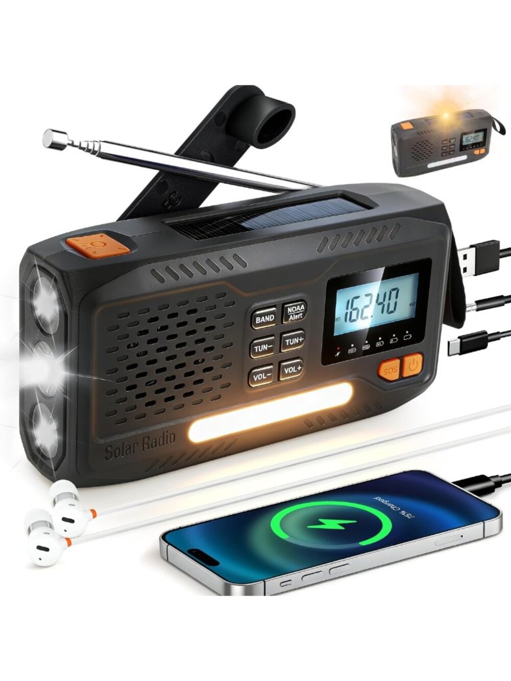 Portable Emergency Weather Radio, Solar Hand Crank, AM/FM, 7400 mWh Battery